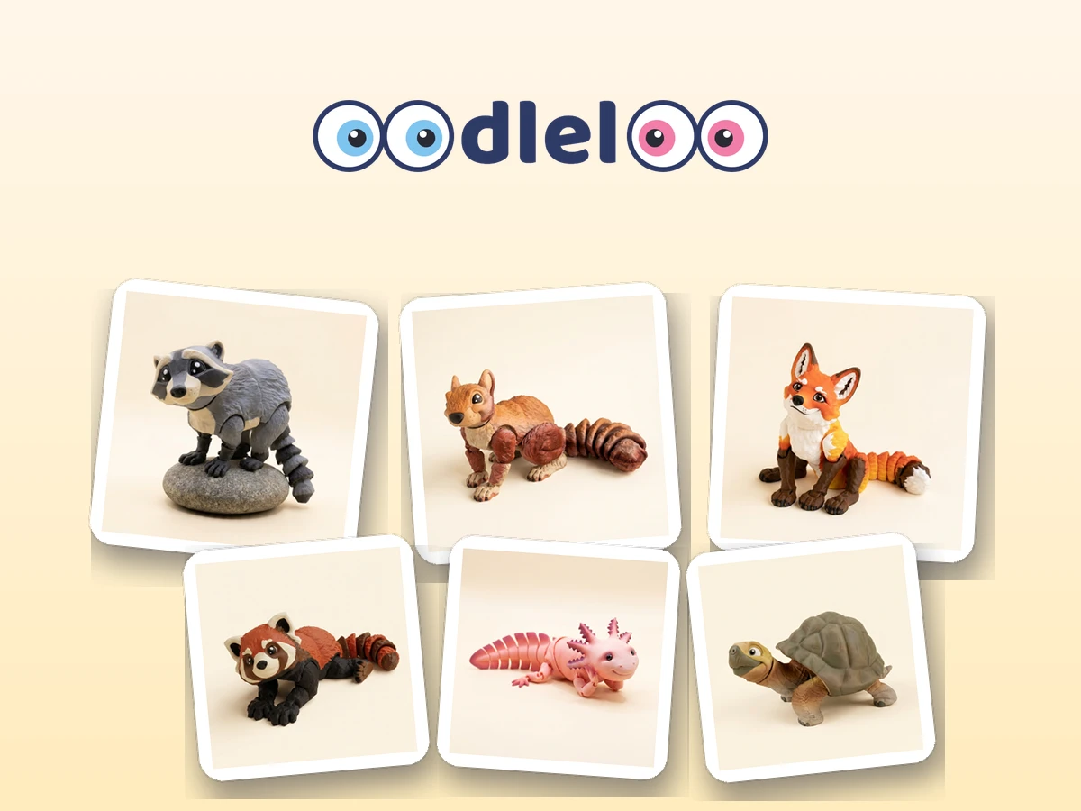 A shelf of colorful Oodleloo flexi toy friends