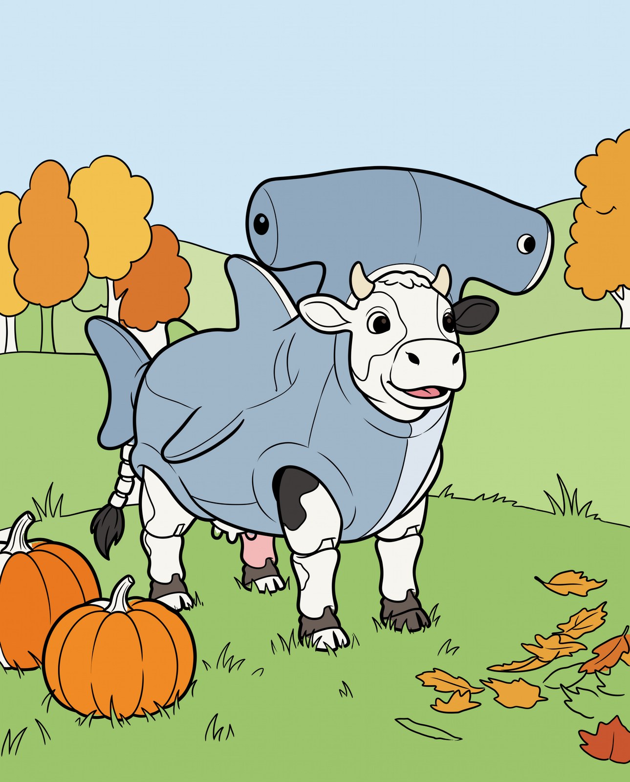 A colored example of Clover's shark costume